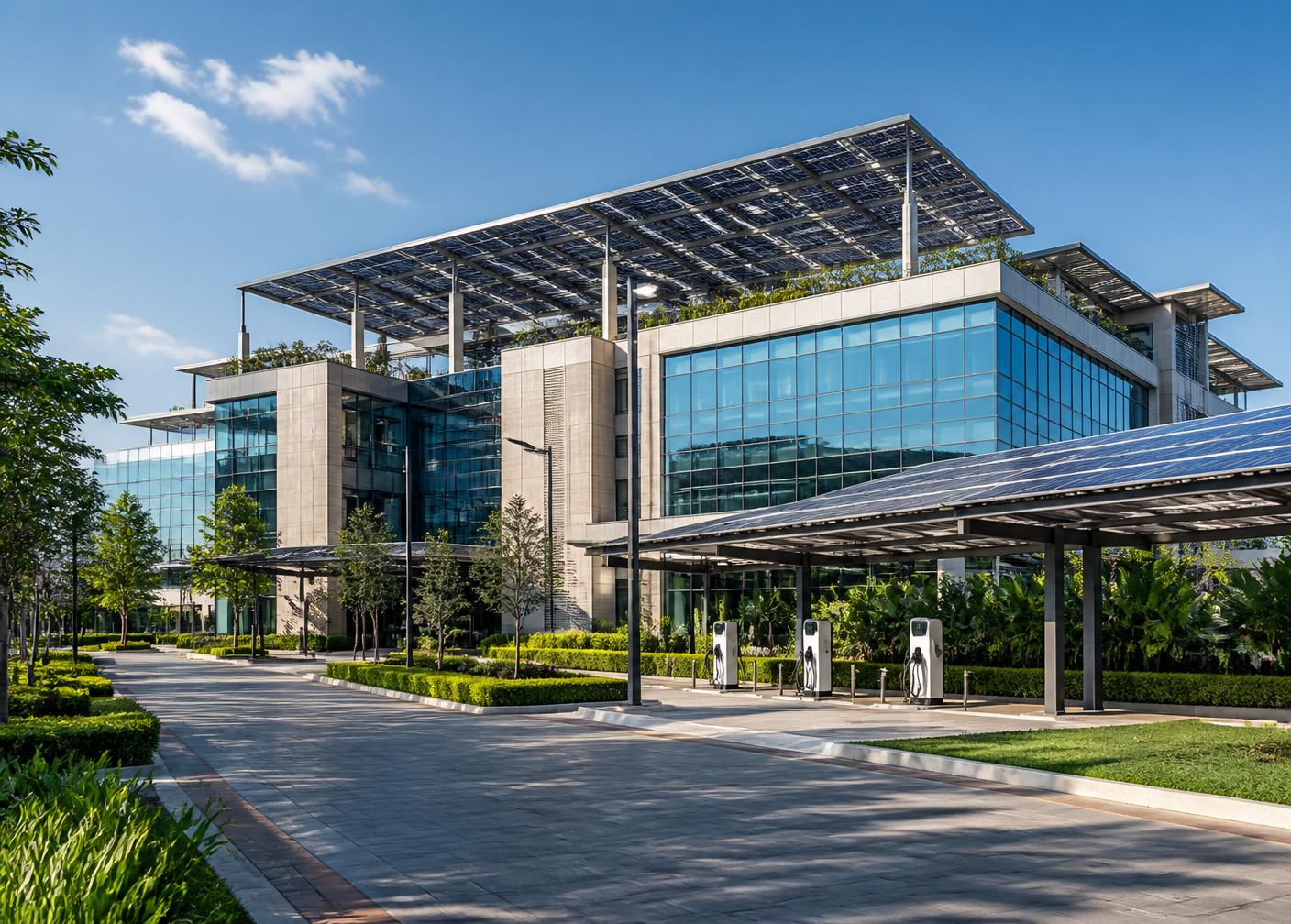 Solar panels across a commercial rooftop